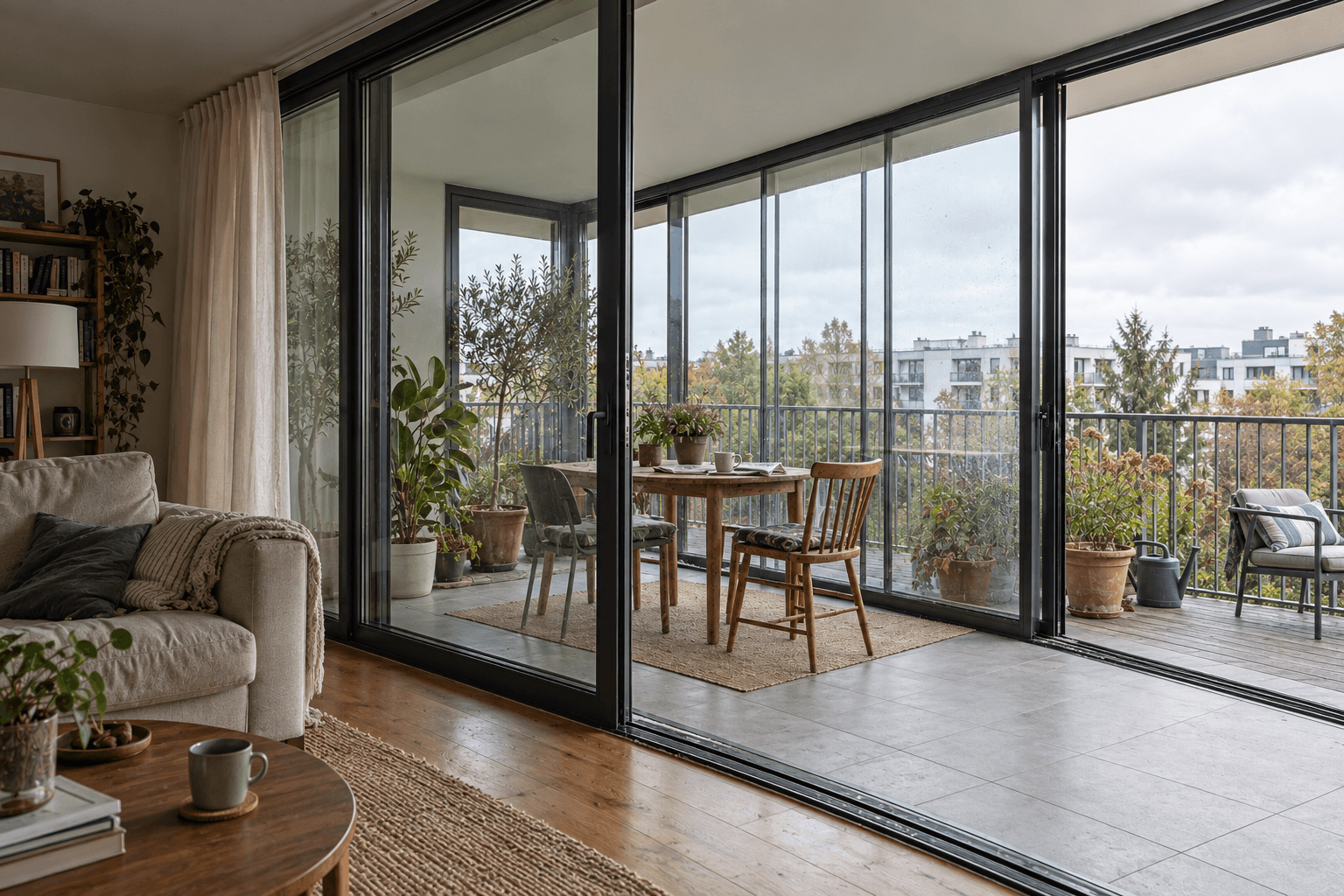 Lived-in apartment with a glazed winter garden between the living room and an open balcony.