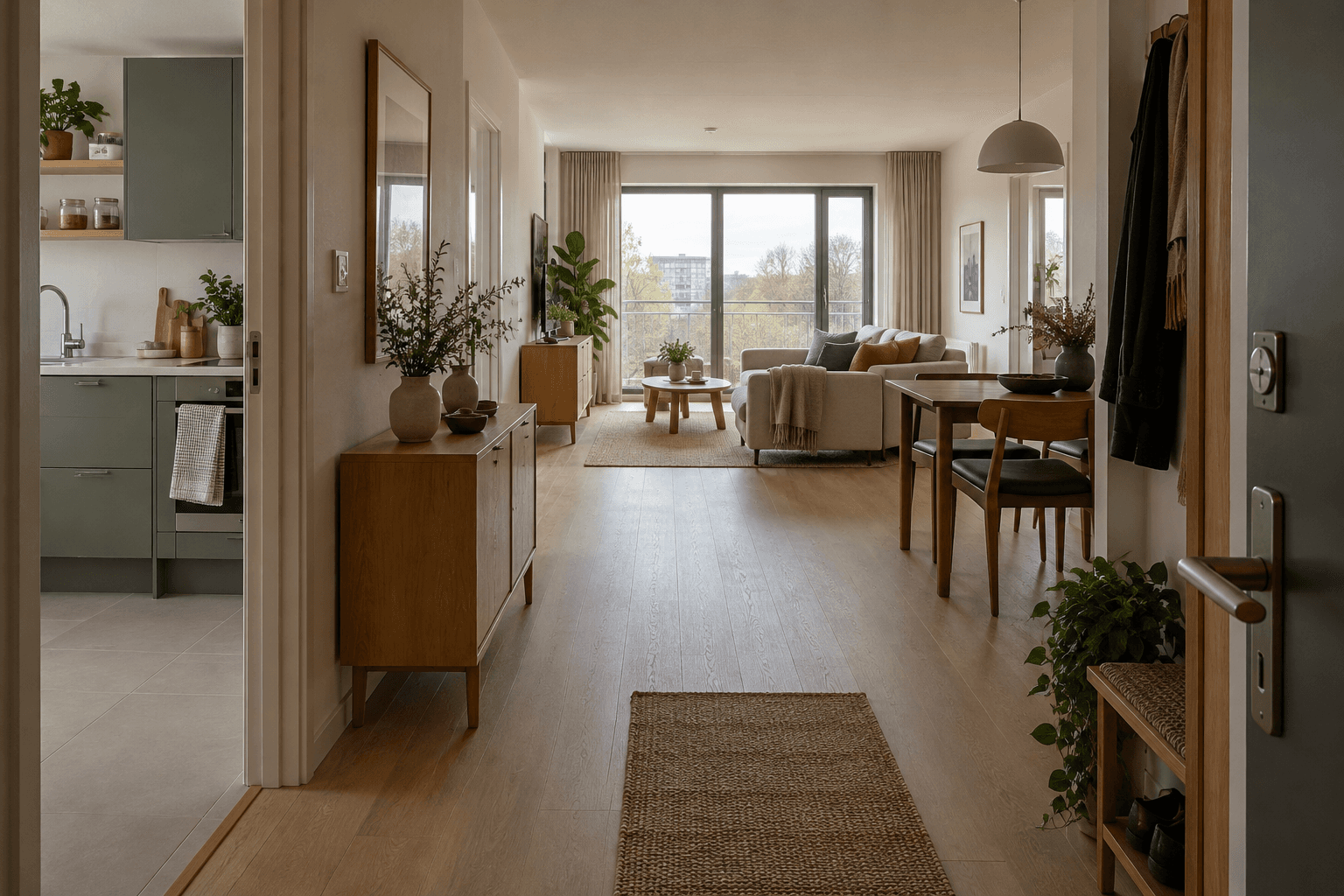Apartment entrance looking along a clear route towards kitchen, dining and living spaces.