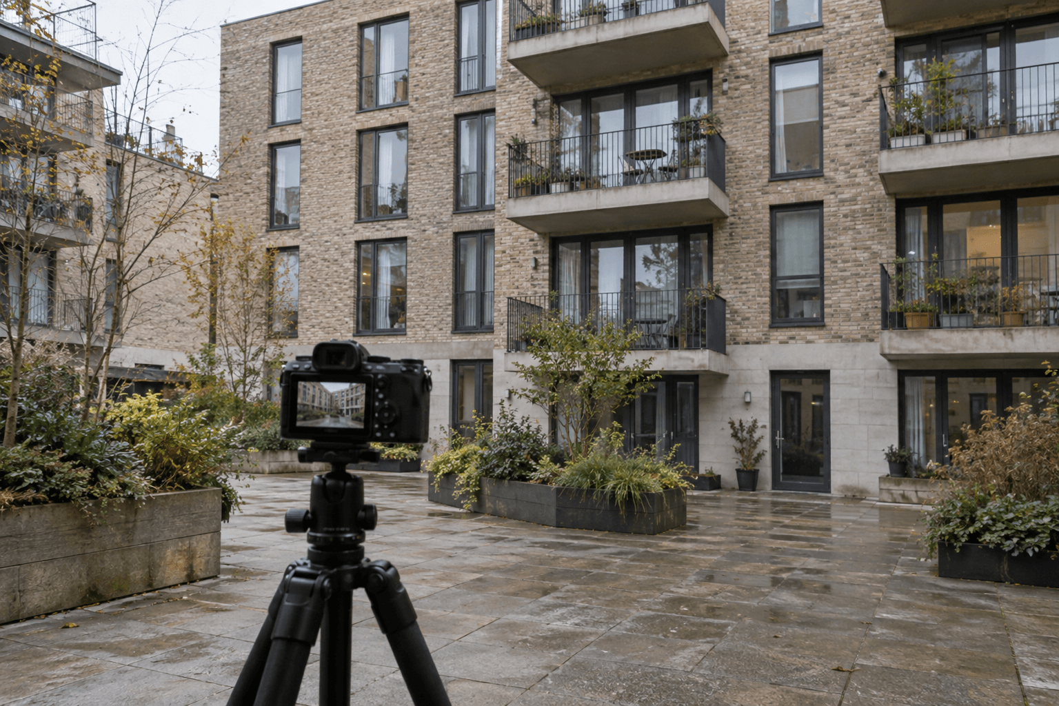 Camera on a tripod facing an ordinary apartment building and courtyard.