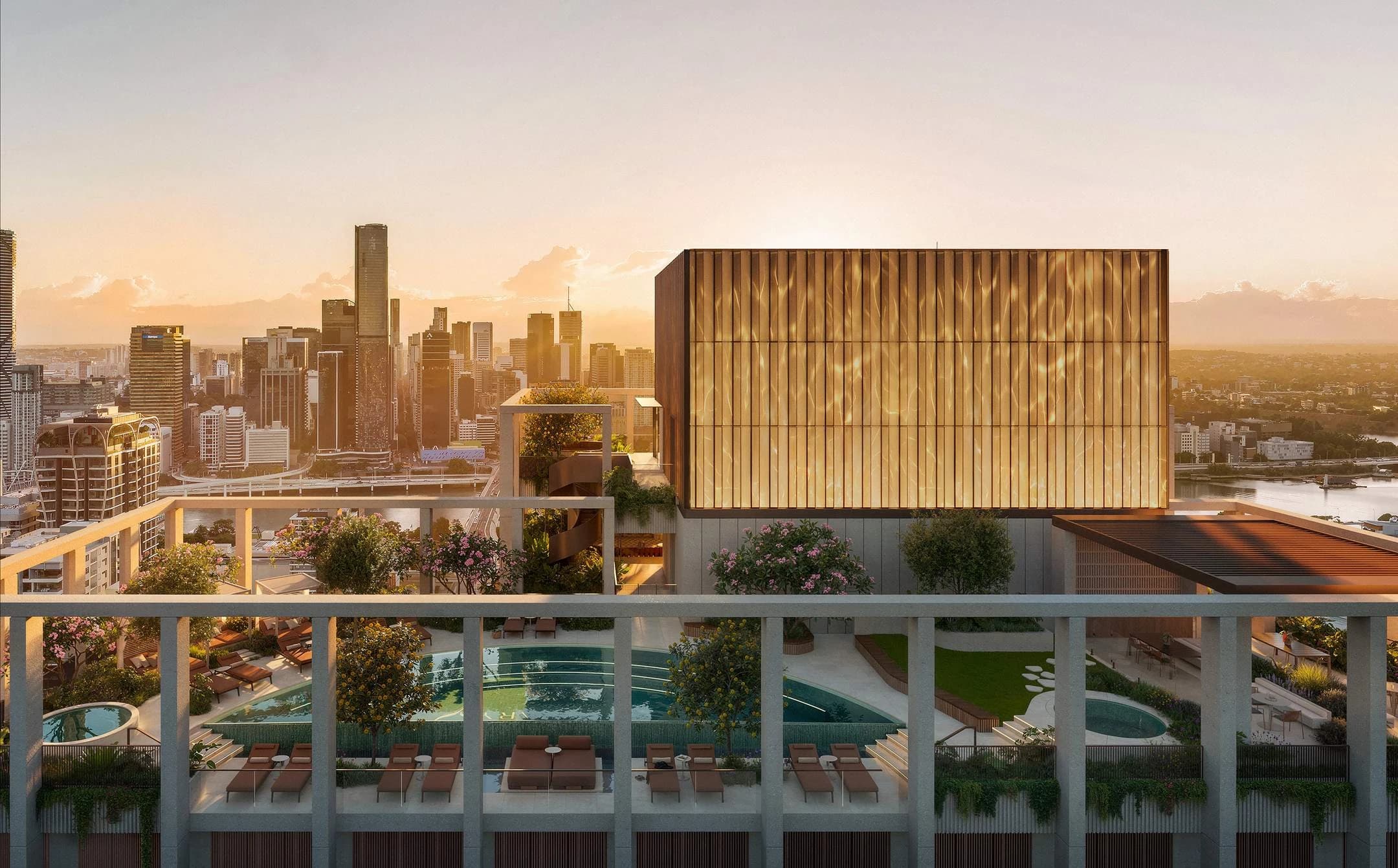 The crescent-shaped lagoon pool · Architectural visualisation; subject to change · Binyan Studios · Courtesy Aria Property Group
