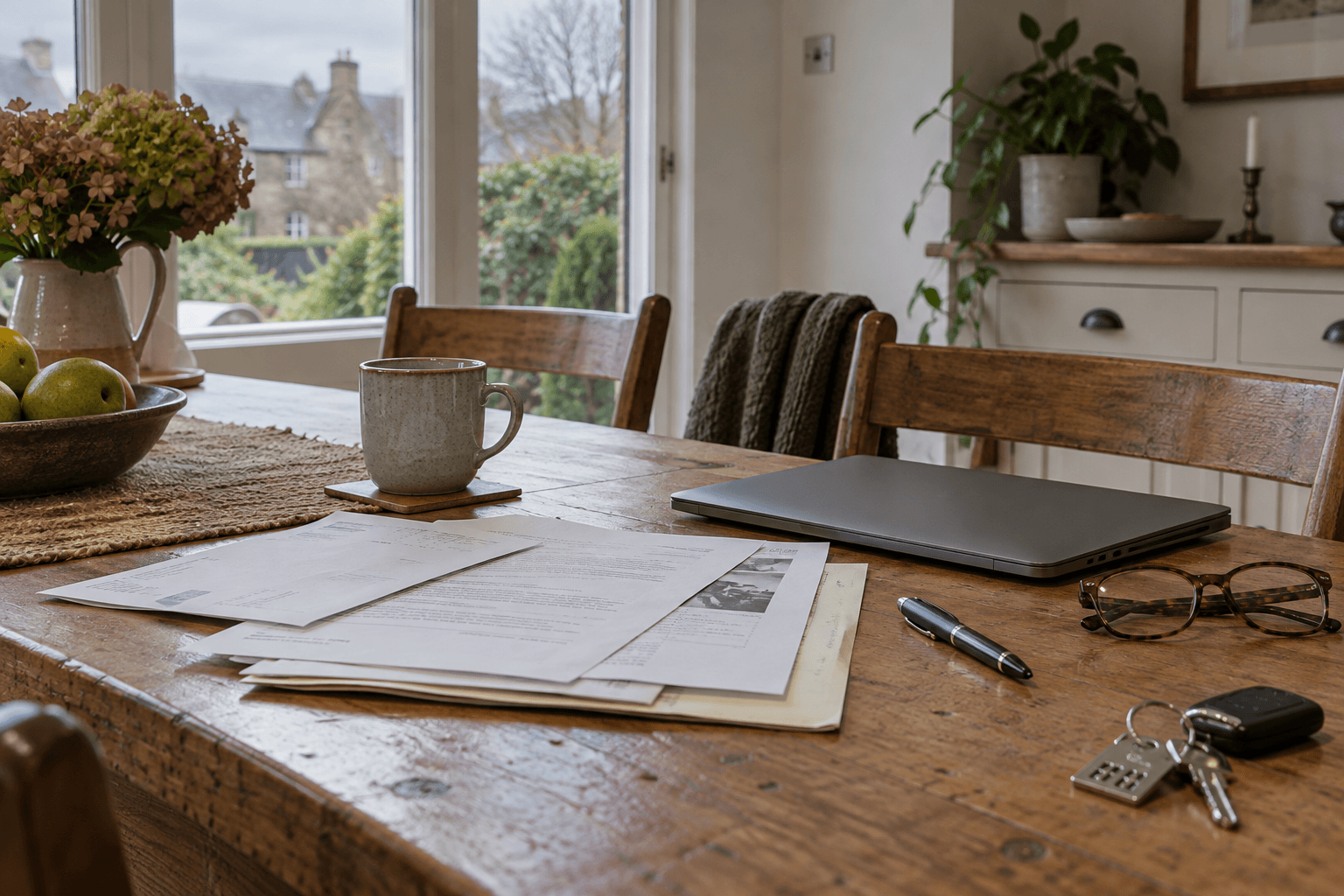 Property papers, reading glasses and keys on an ordinary dining table.