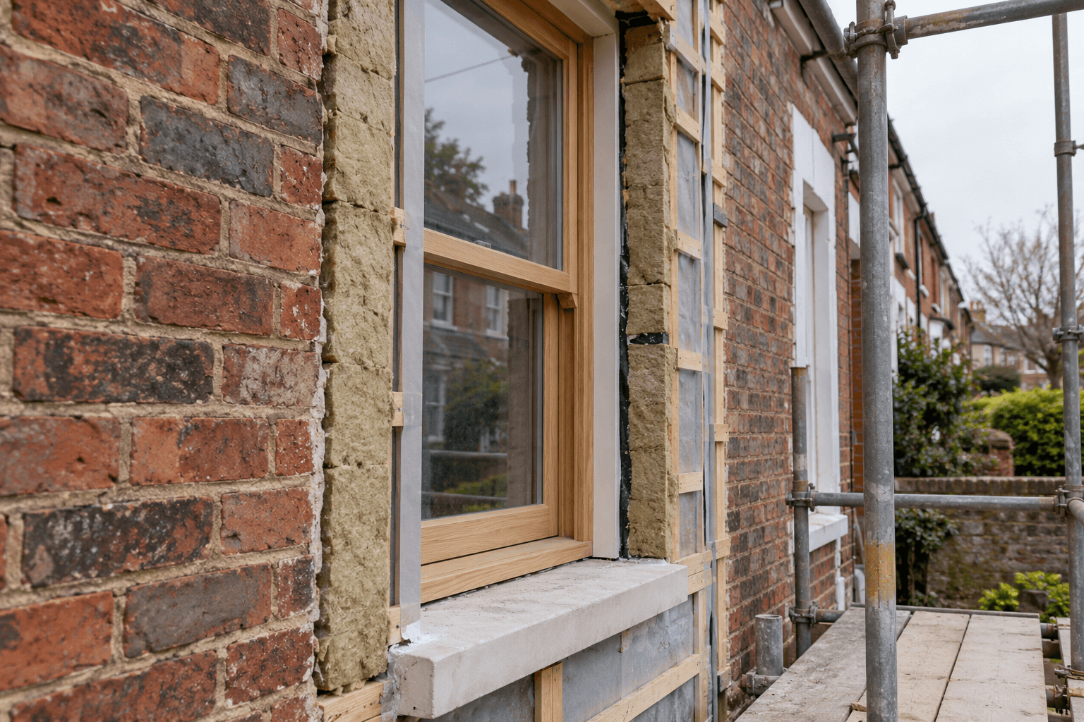 An older brick house with a window and insulation reveal under renovation.