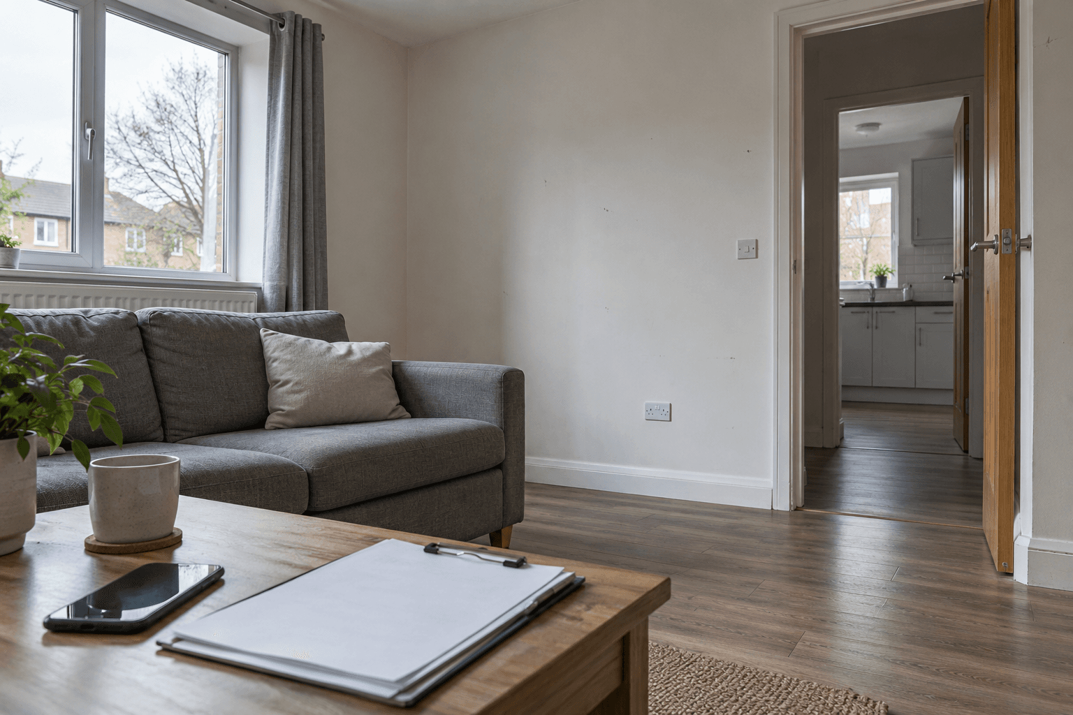 Modest rental living room with clipboard and phone ready for a condition record.