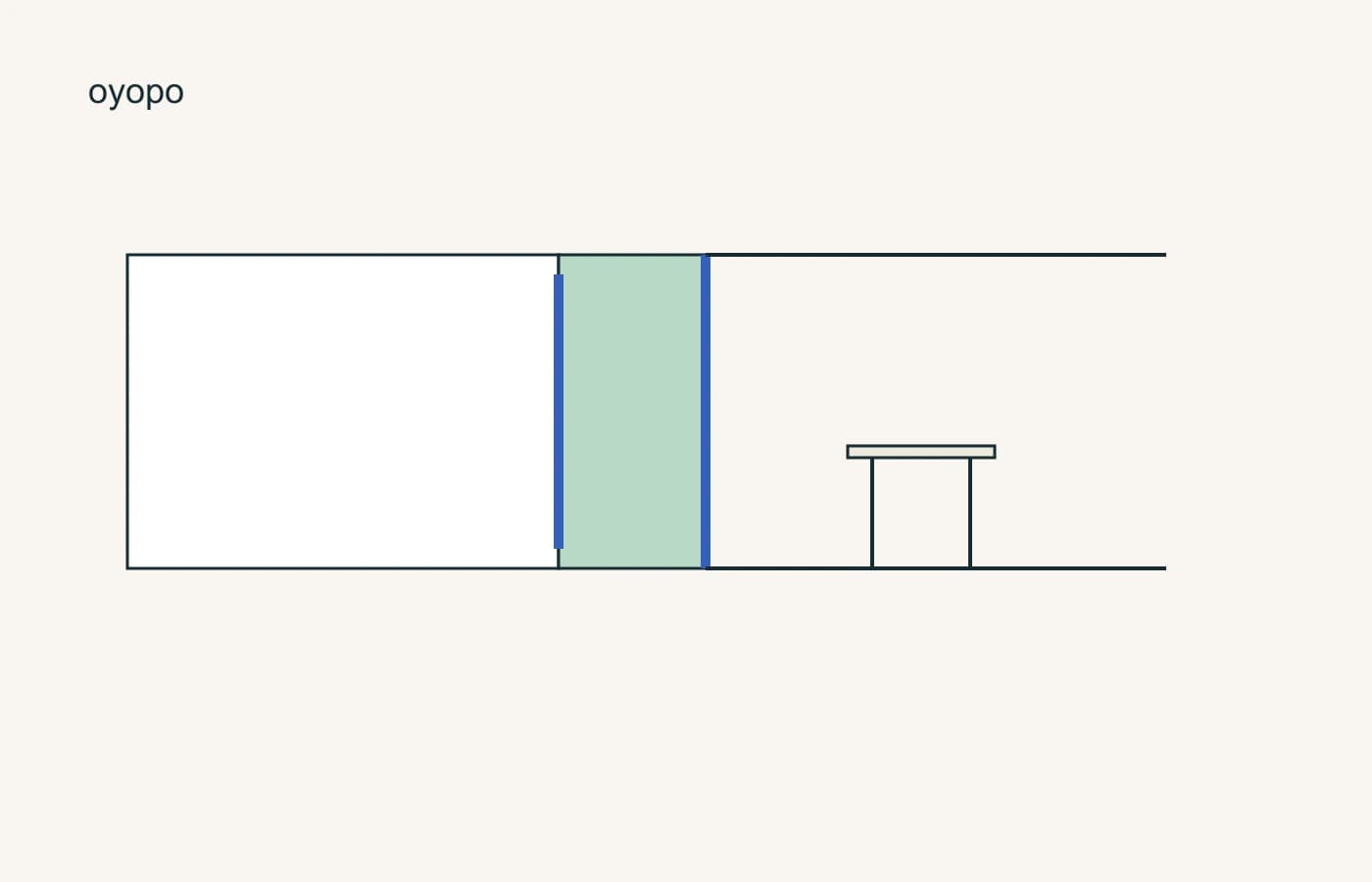 Where is the outside edge?. From left to right: main room, green intermediate zone and open-air platform. Blue marks the inner and outer glazed boundaries. Schematic sequence, not a construction detail.