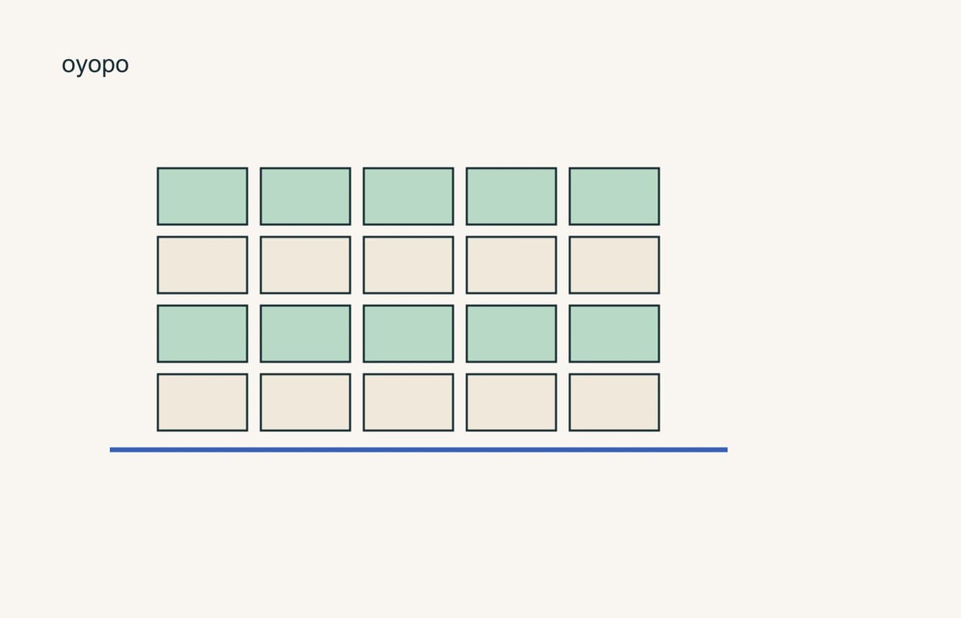 Terrace House: read the threshold. Twenty cells illustrate twenty homes; the blue line represents a shared route. This is not the project floor plan or storey arrangement.