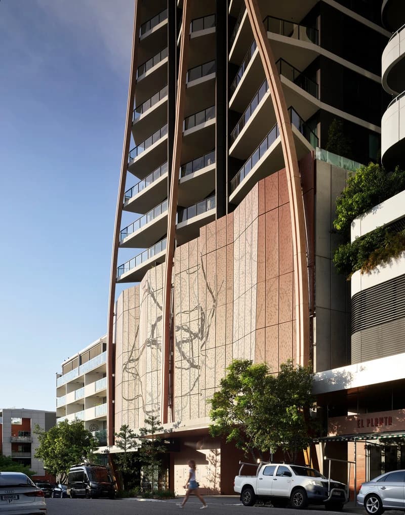 Street-level view of Upper House with Judy Watson’s artwork across the lower façade.
