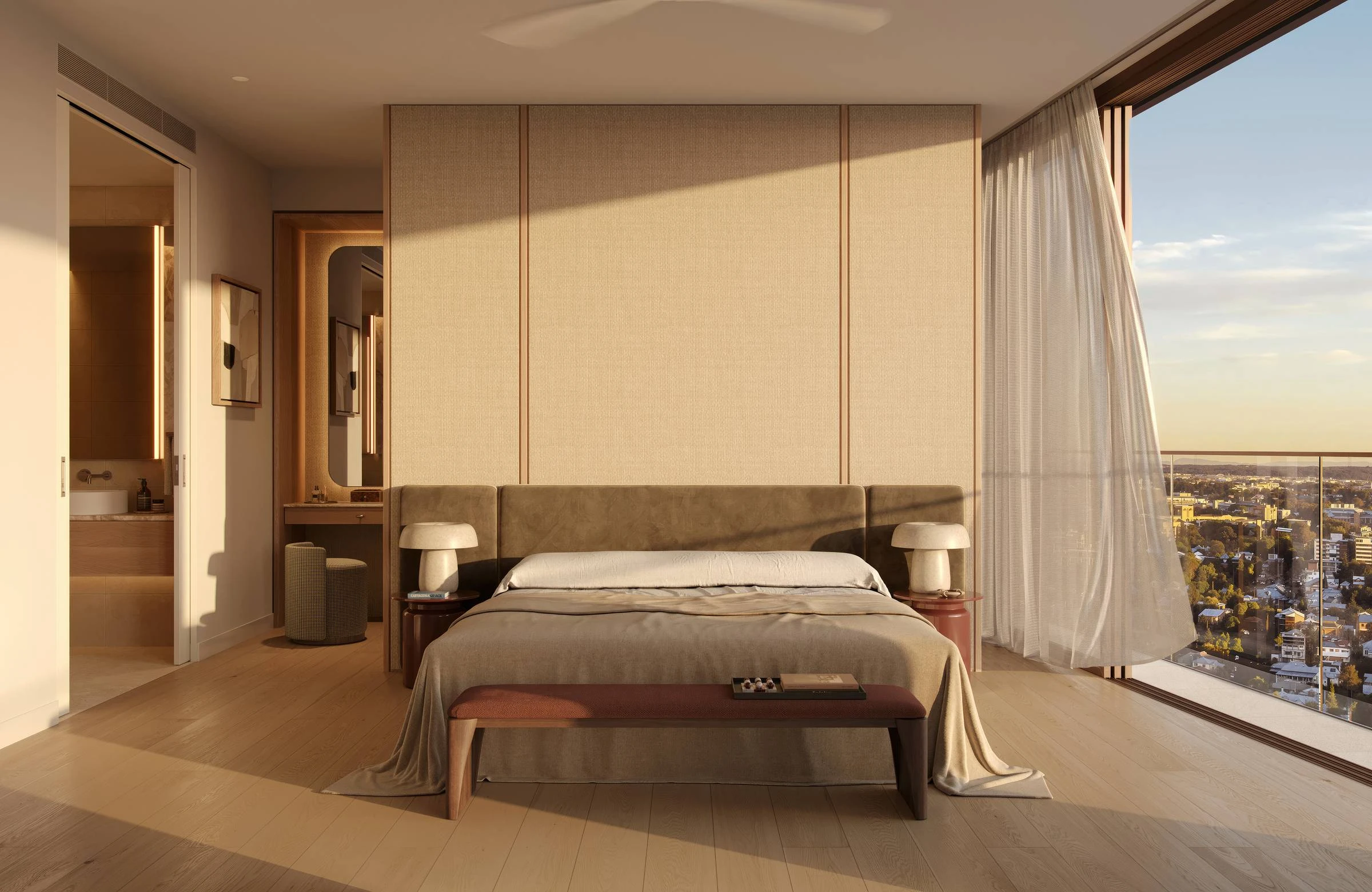 An apartment bedroom · Architectural visualisation; subject to change · Binyan Studios · Courtesy Aria Property Group