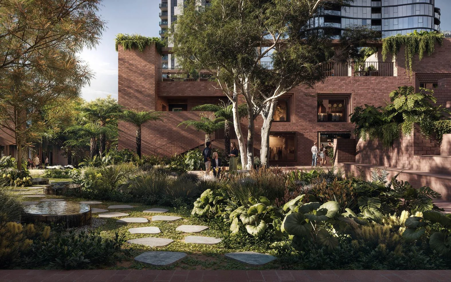 The Melbourne Street pavilion and the park · Architectural visualisation; subject to change · Binyan Studios · Courtesy Aria Property Group