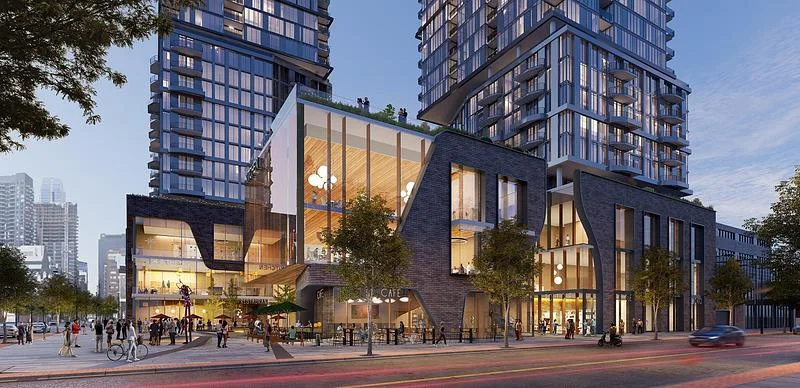 Street-level rendering of the brick podium and public realm · Zeidler Architecture Inc. · via v2com