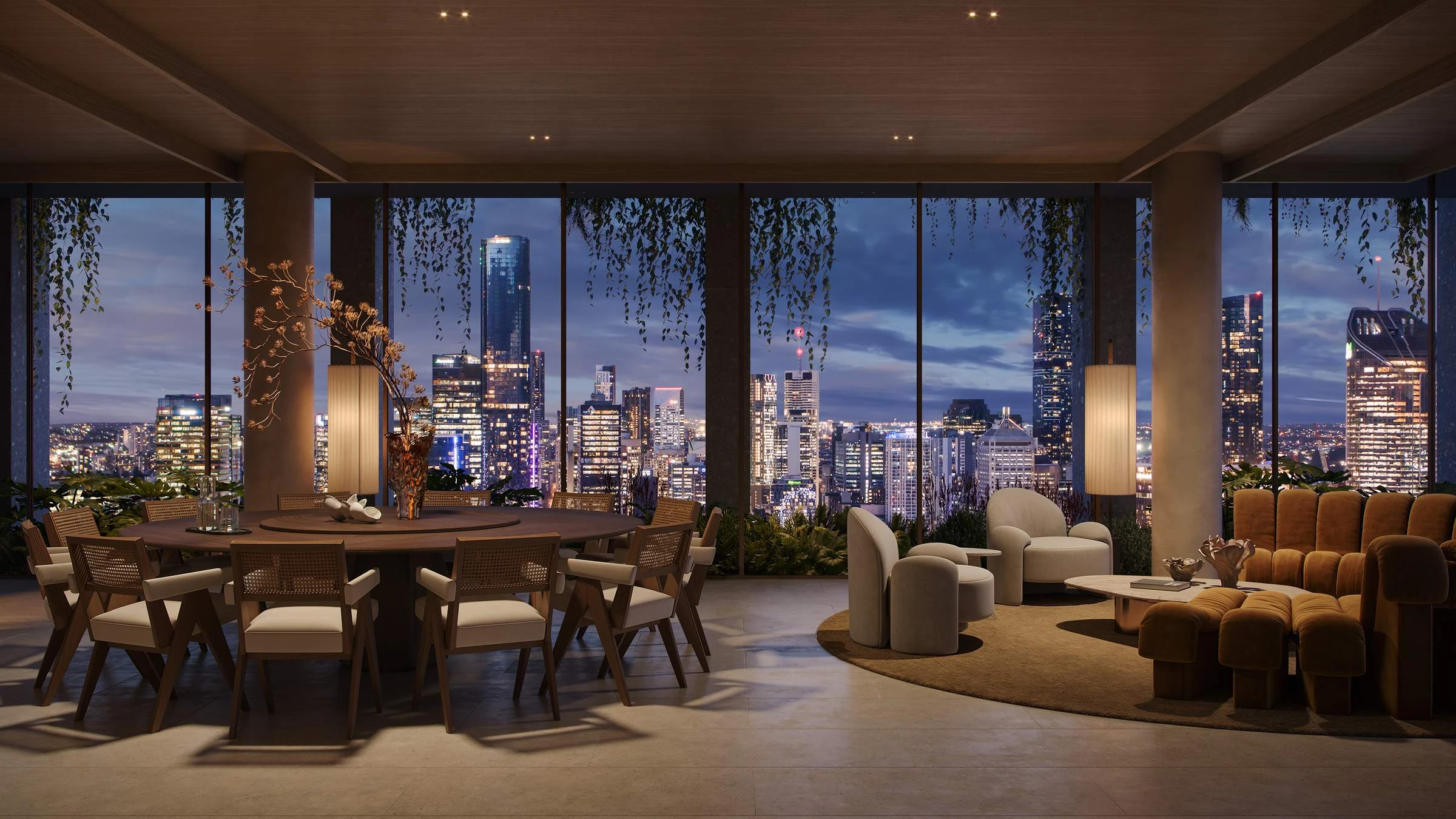 The Rooftop Club dining room with city views · Architectural visualisation; subject to change · Binyan Studios · Courtesy Aria Property Group
