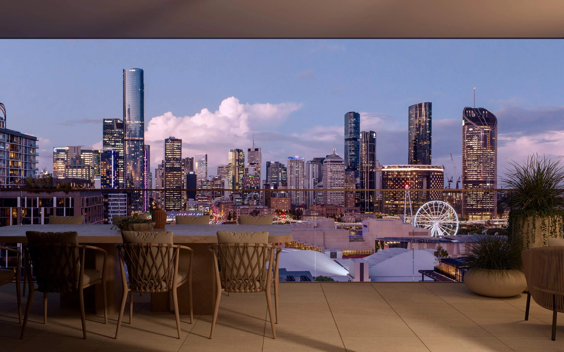 An apartment living area and balcony at dusk · Architectural visualisation; subject to change · Binyan Studios · Courtesy Aria Property Group