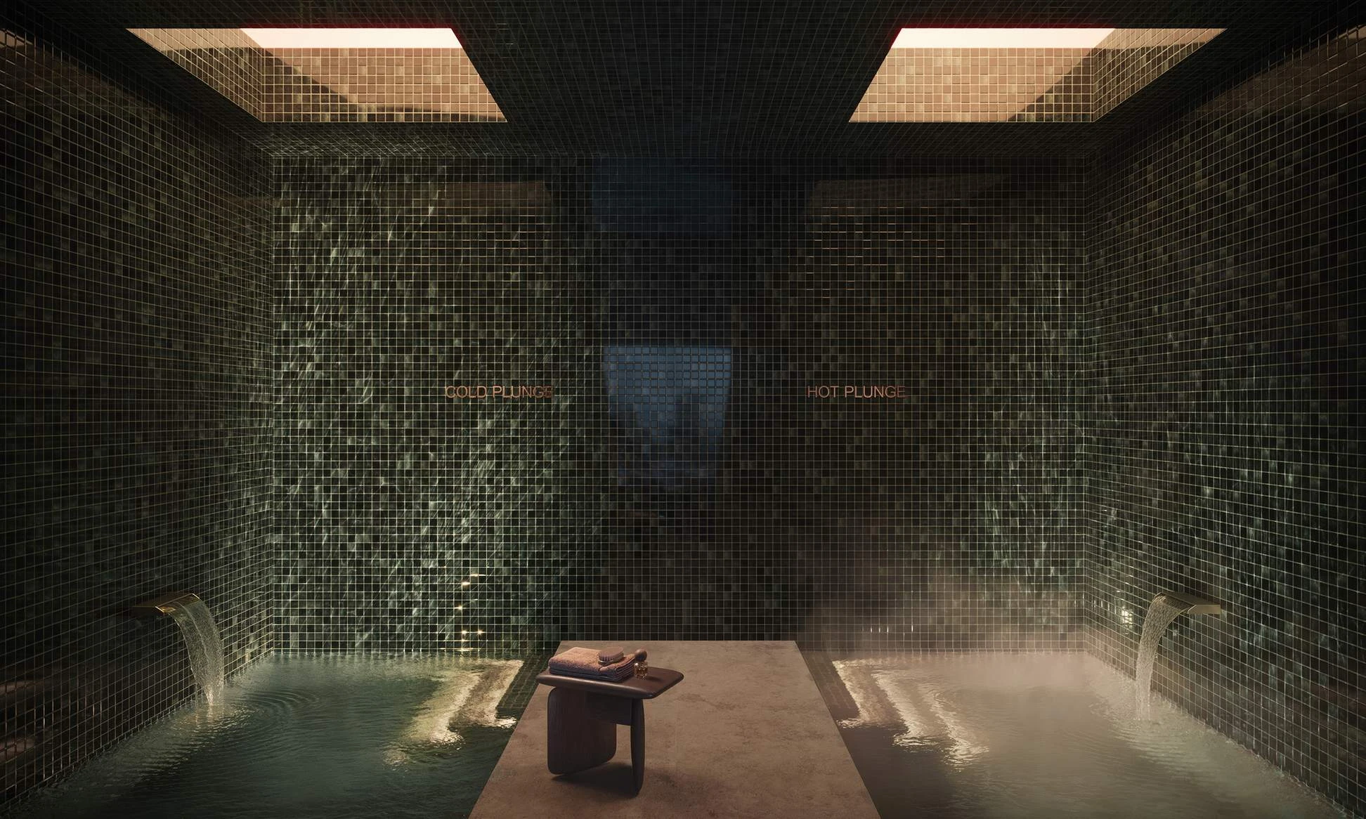 The mineral hot and cold plunges in the Bathhouse · Architectural visualisation; subject to change · Binyan Studios · Courtesy Aria Property Group