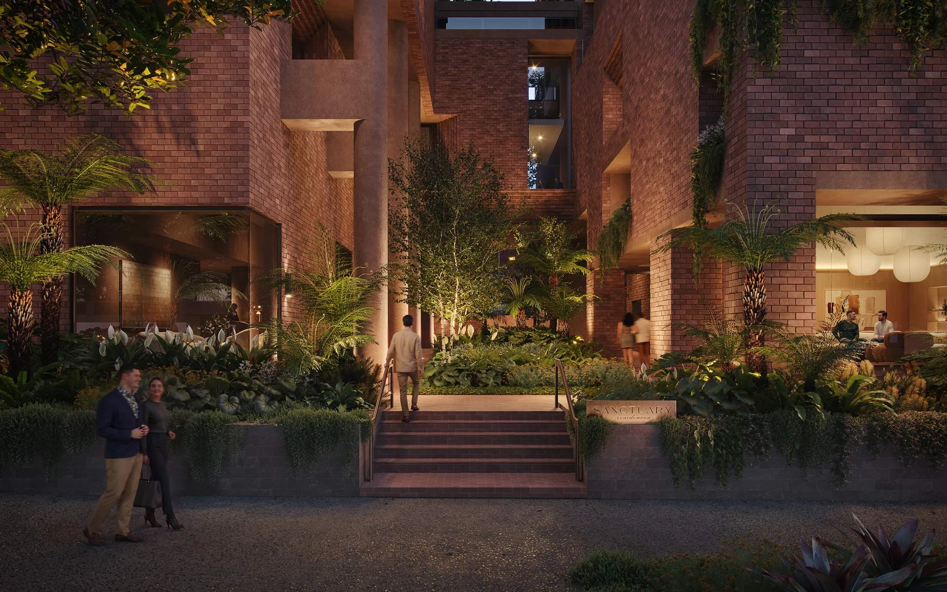 The landscaped forecourt and arrival to the residential lobby · Architectural visualisation; subject to change · Binyan Studios · Courtesy Aria Property Group
