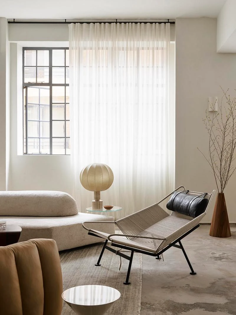 Industrial windows and full-height curtains · Anson Smart · via v2com