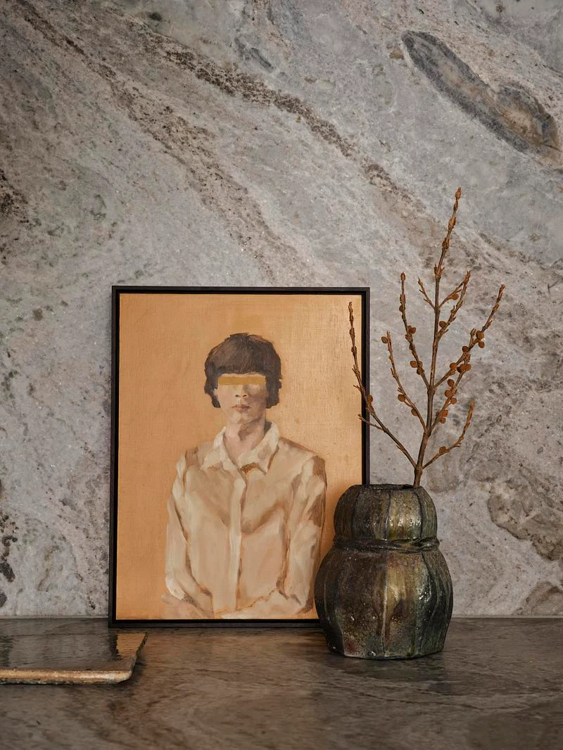 Artwork and objects against the patterned splashback · Anson Smart · via v2com
