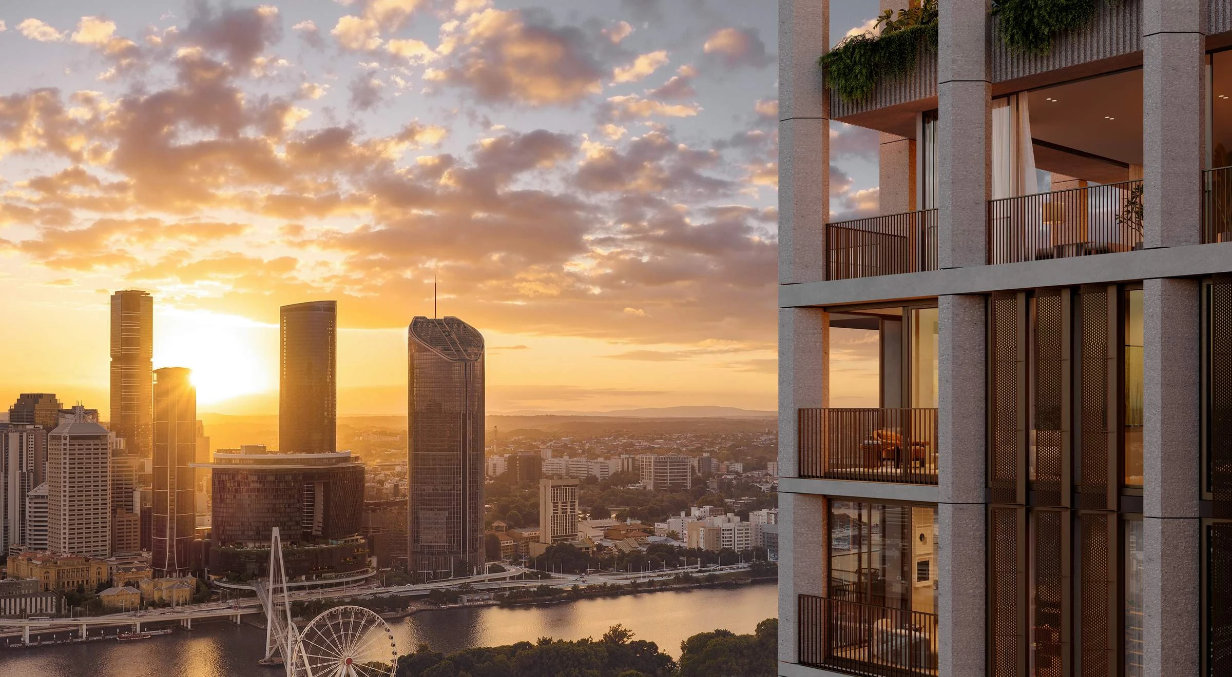 Sanctuary Residences against the Brisbane skyline at dusk · Architectural visualisation; subject to change · Binyan Studios · Courtesy Aria Property Group