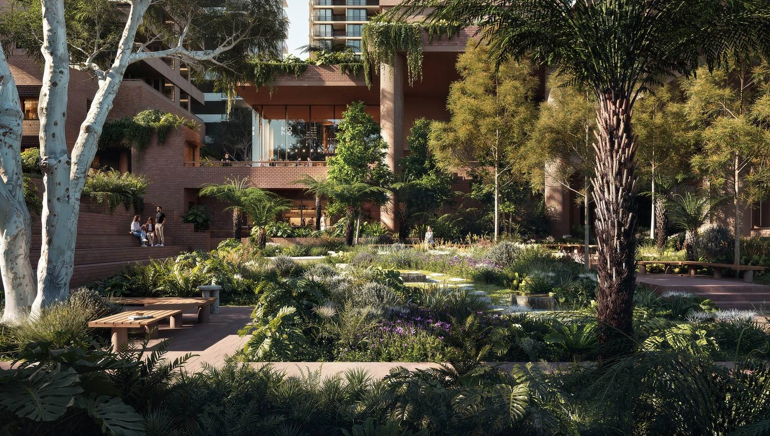 Sanctuary Park beneath large-scale trees · Architectural visualisation; subject to change · Binyan Studios · Courtesy Aria Property Group