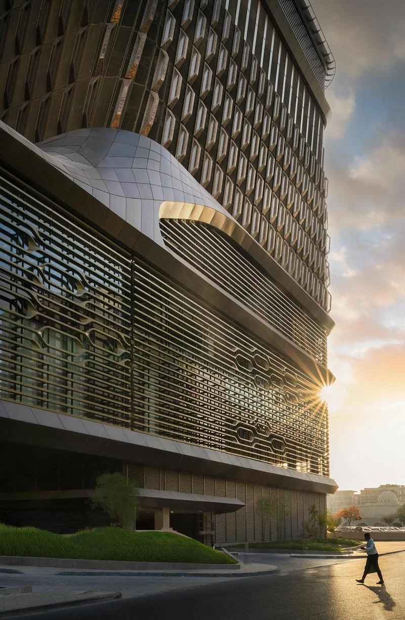 The tower base and projecting podium at sunset · Ahmad Alnaji - SARAB · via v2com
