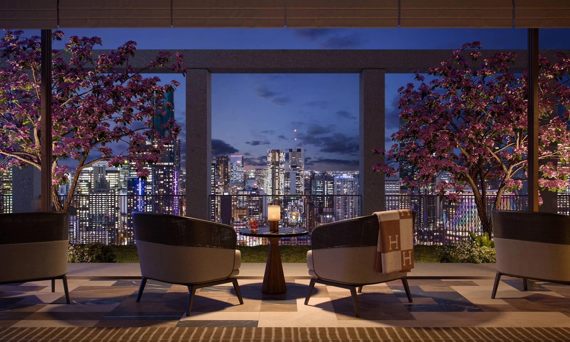 The Sky Bar overlooking the city · Architectural visualisation; subject to change · Binyan Studios · Courtesy Aria Property Group
