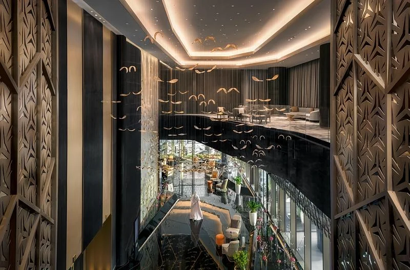 A glazed interior overlook with dark stone finishes · Ahmad Alnaji - SARAB · via v2com