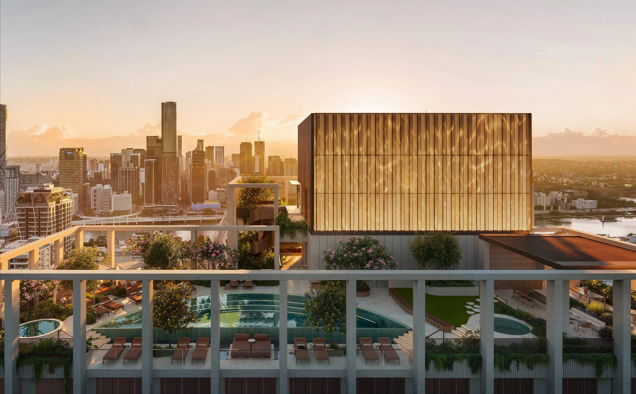 The crescent-shaped lagoon pool · Architectural visualisation; subject to change · Binyan Studios · Courtesy Aria Property Group