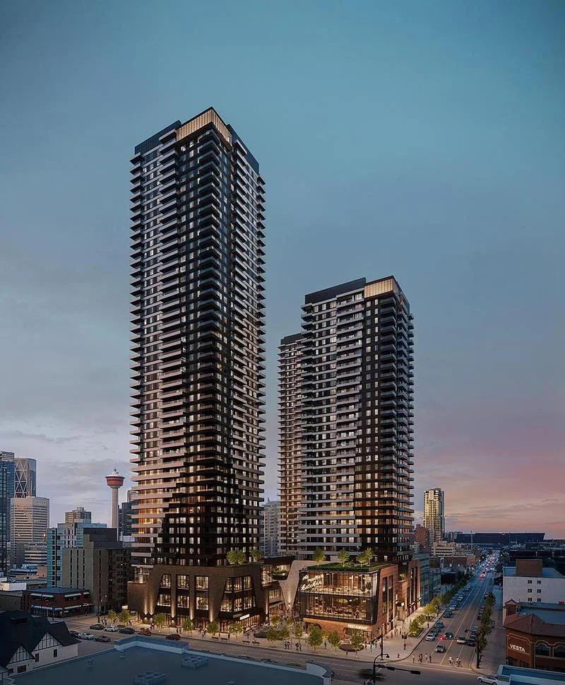 Architectural rendering of the three residential towers at dusk · Zeidler Architecture Inc. · via v2com