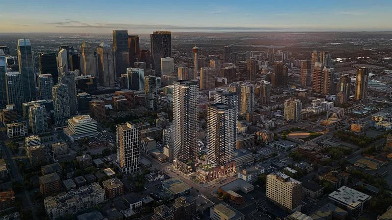 Aerial rendering of Broadway on 17th in Calgary · Zeidler Architecture Inc. · via v2com