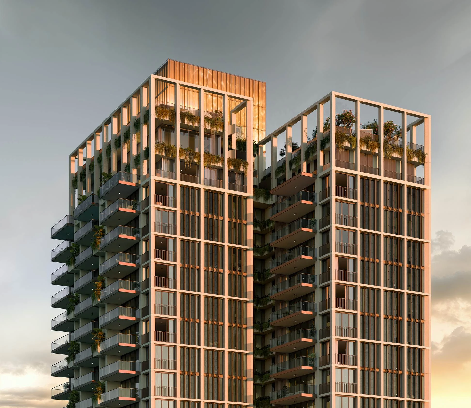 Facade detail of the tower · Architectural visualisation; subject to change · Binyan Studios · Courtesy Aria Property Group